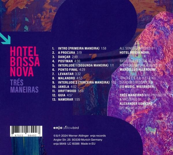 CD-Cover mit Text 'HOTEL BOSSA NOVA' und Trackliste. Hintergrund ist ein lila-goldener Farbverlauf.