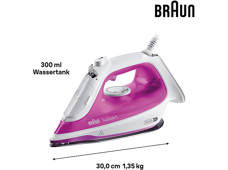 BRAUN TexStyle 5 SI 5225 PU, Dampfstoß 200 g/min, FreeGlide 3D, abgerundete Bügelsohle, leichtes Bügeln, einfache Befüllung, vertikale Auffrischung, Dampfbügeleisen (2500 Watt, Keramiksohle, SuperCeramic Beschichtung)