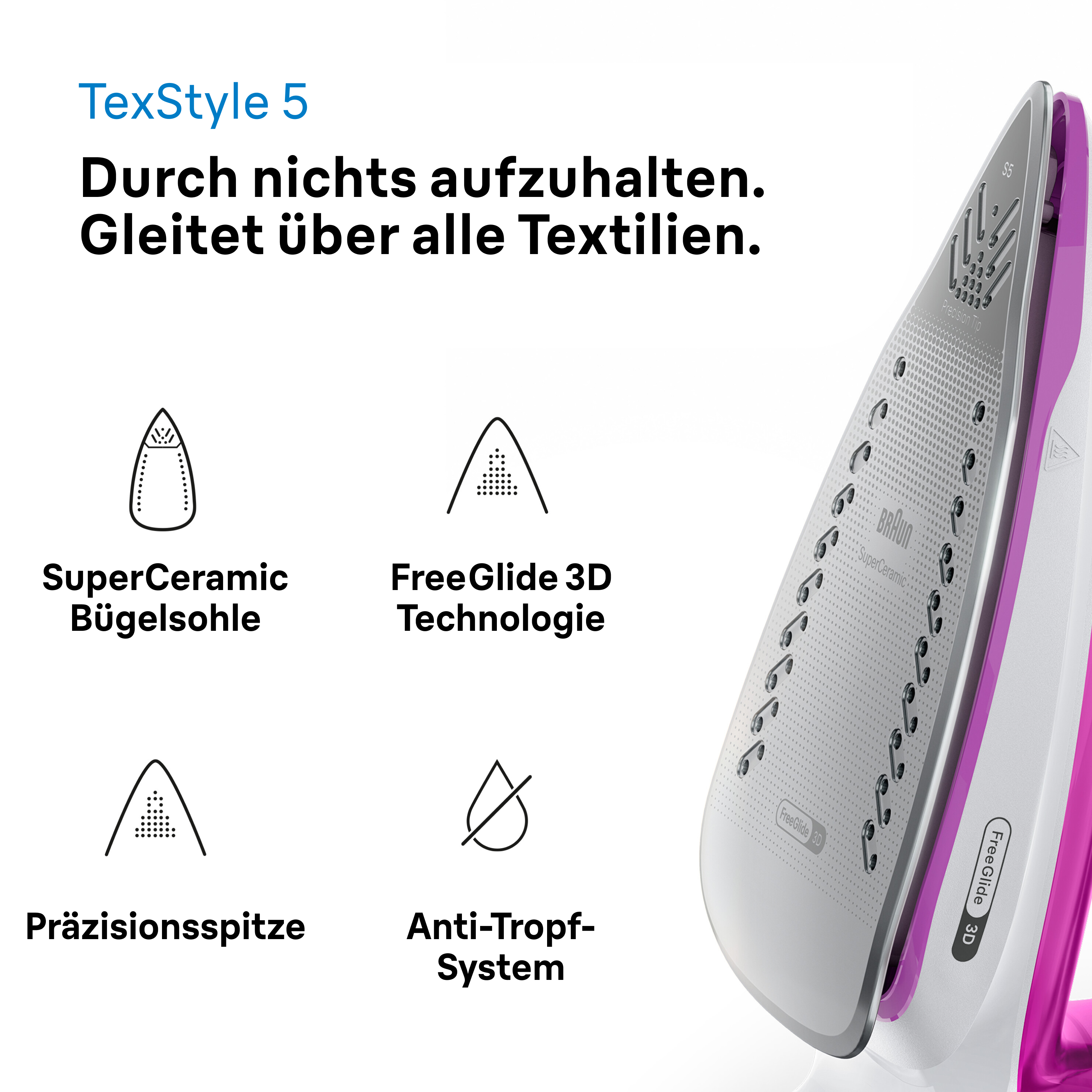 Bügeleisen mit lila Akzenten und Symbolen, Text. Weißer Hintergrund.