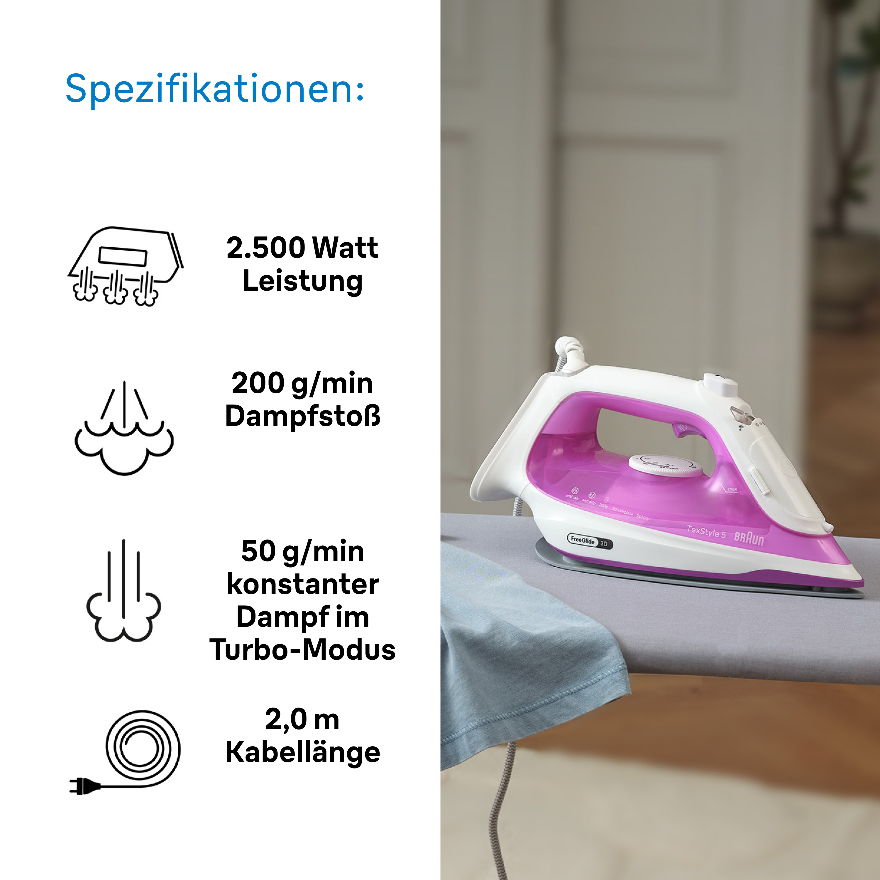 Ein Bügeleisen auf einem Bügelbrett mit deutschen Spezifikationen und einem blauen Tuch.