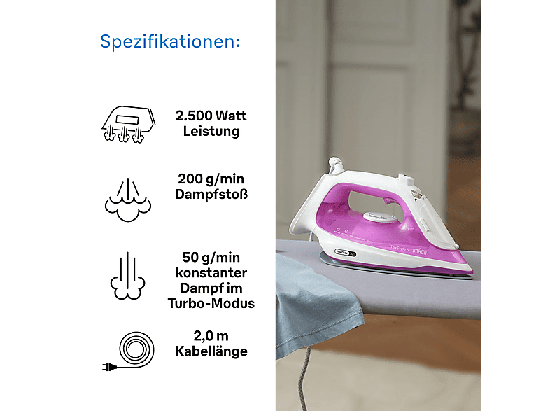 BRAUN TexStyle 5 SI 5225 PU, Dampfstoß 200 g/min, FreeGlide 3D, abgerundete Bügelsohle, leichtes Bügeln, einfache Befüllung, vertikale Auffrischung, Dampfbügeleisen (2500 Watt, Keramiksohle, SuperCeramic Beschichtung)