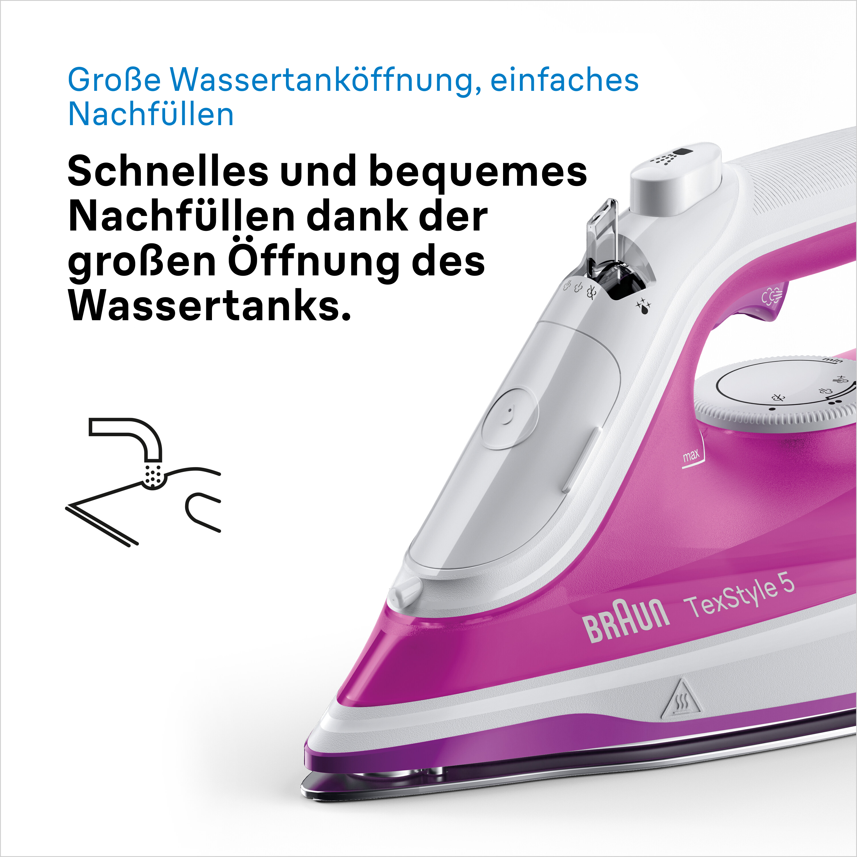 Braun TexStyle 5 Bügeleisen mit Text. Nahaufnahme der Wassertanköffnung.