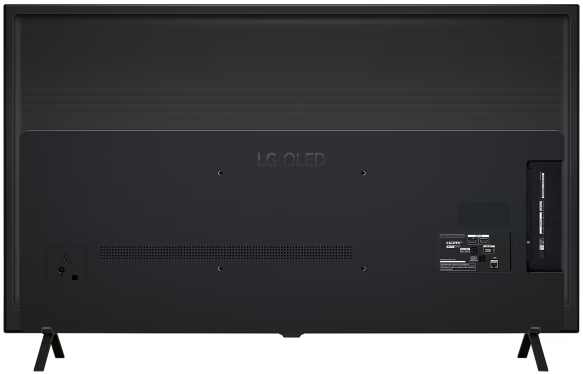 Tylny panel czarnego telewizora LG OLED, z widocznymi portami i połączeniami.