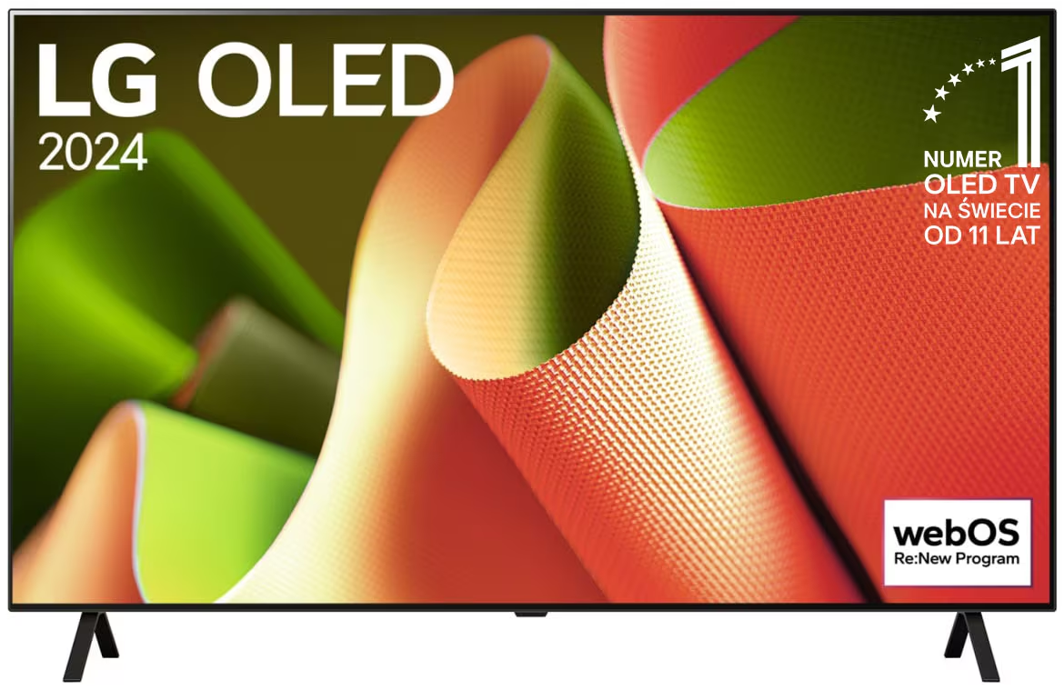 Telewizor LG OLED 2024 z abstrakcyjnym wzorem na ekranie. Tekst po prawej.