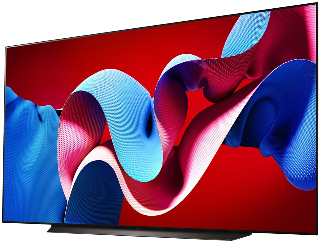 Telewizor LG OLED z zakrzywionym ekranem. Ekran wyświetla kolorowy, abstrakcyjny wzór.