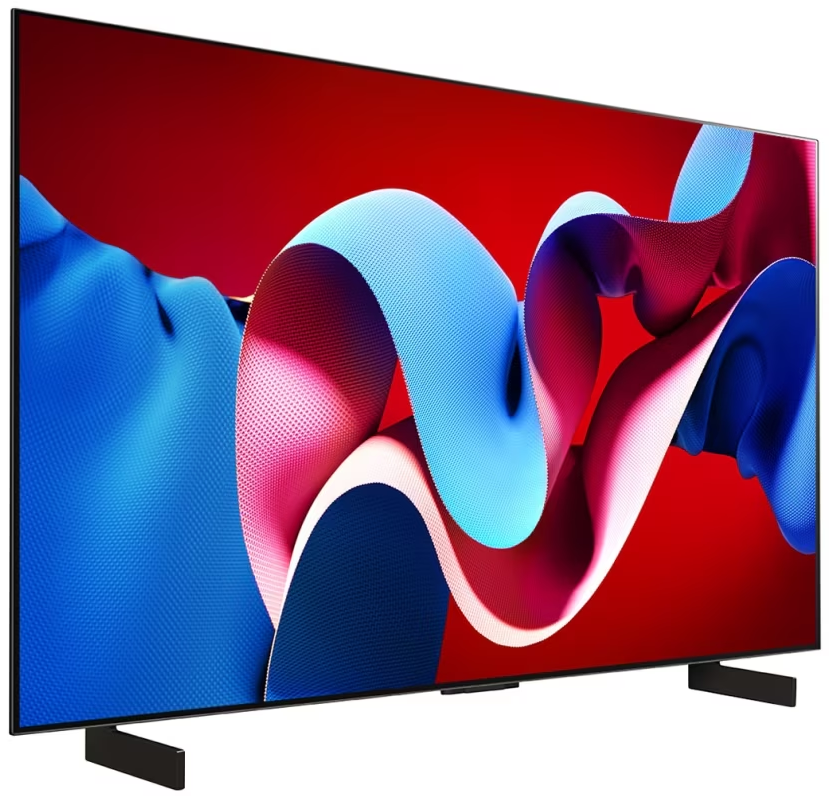 Nowoczesny telewizor wyświetla abstrakcyjne, kolorowe kształty na czerwonym tle.