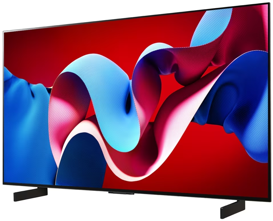 Ekran telewizora z kolorowym, abstrakcyjnym wzorem na czerwonym tle. Rama jest czarna.