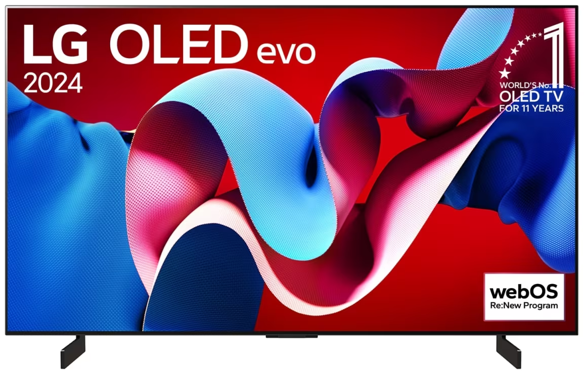 Telewizor LG OLED evo, model 2024. Czerwone tło z niebieskimi i białymi abstrakcyjnymi kształtami.