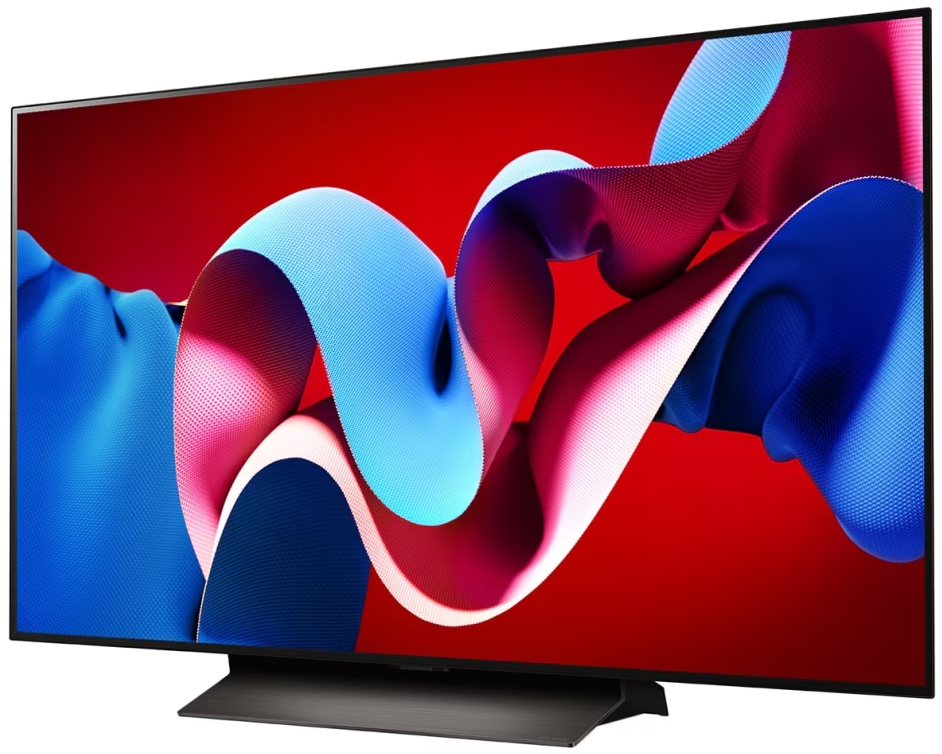 Nowoczesny telewizor z żywym, abstrakcyjnym wzorem na ekranie, stojący na eleganckiej, ciemnej podstawie.