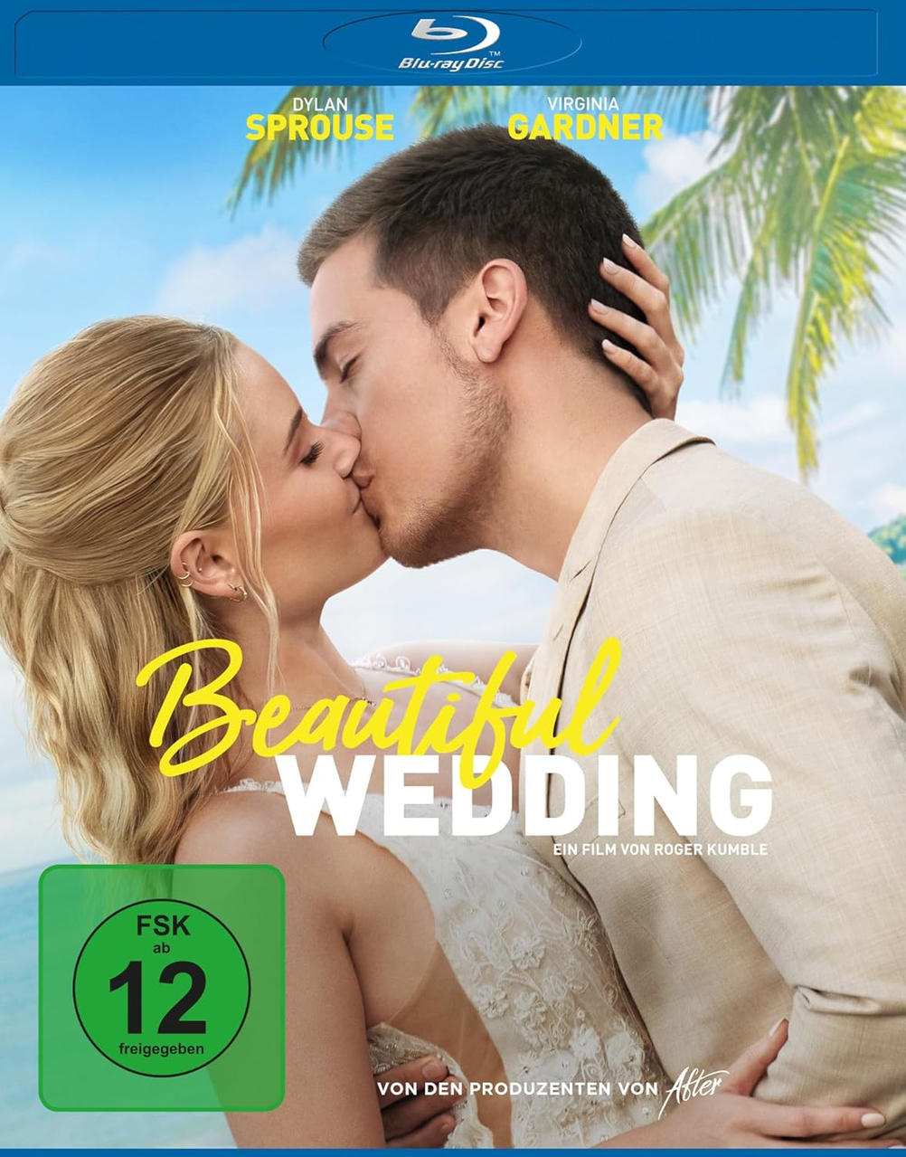 DVD-Cover von 'Beautiful Wedding'. Ein Paar küsst sich. Text enthält 'Dylan Sprouse, Virginia Gardner' und 'Ein Film von Roger Kumble'.