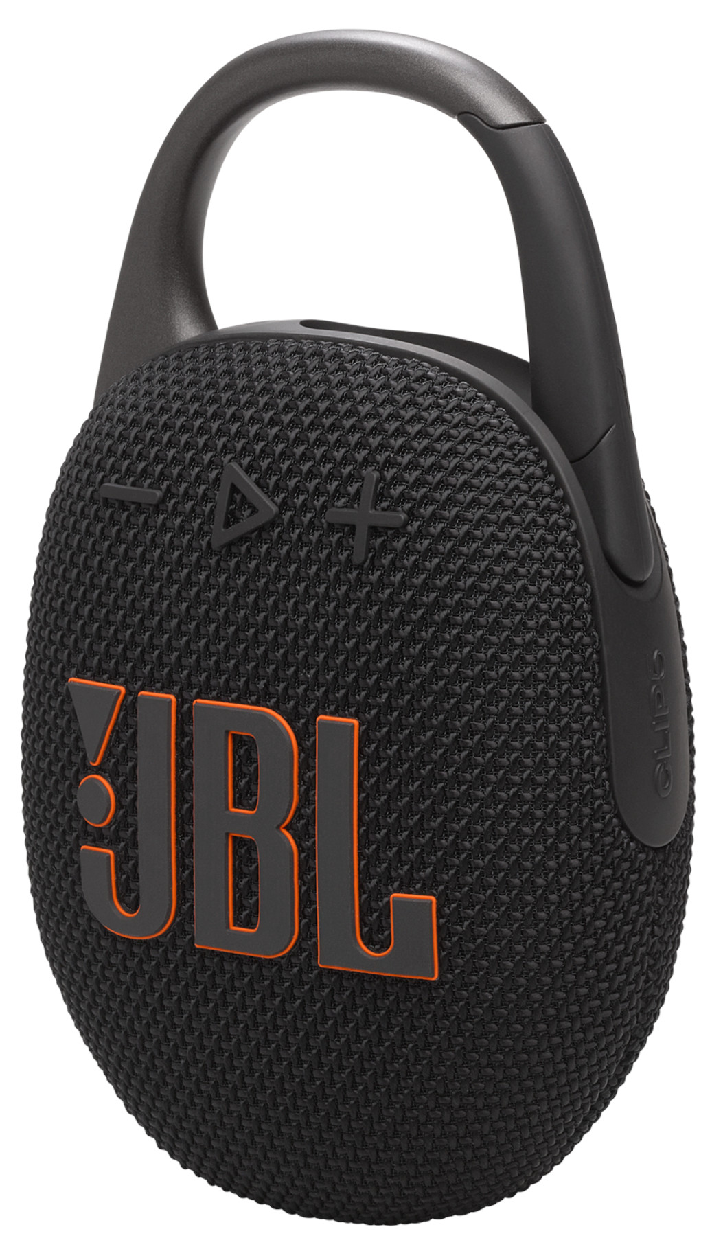 Czarny głośnik JBL Clip z pomarańczowym logo i elementami sterującymi. Posiada uchwyt do przenoszenia.