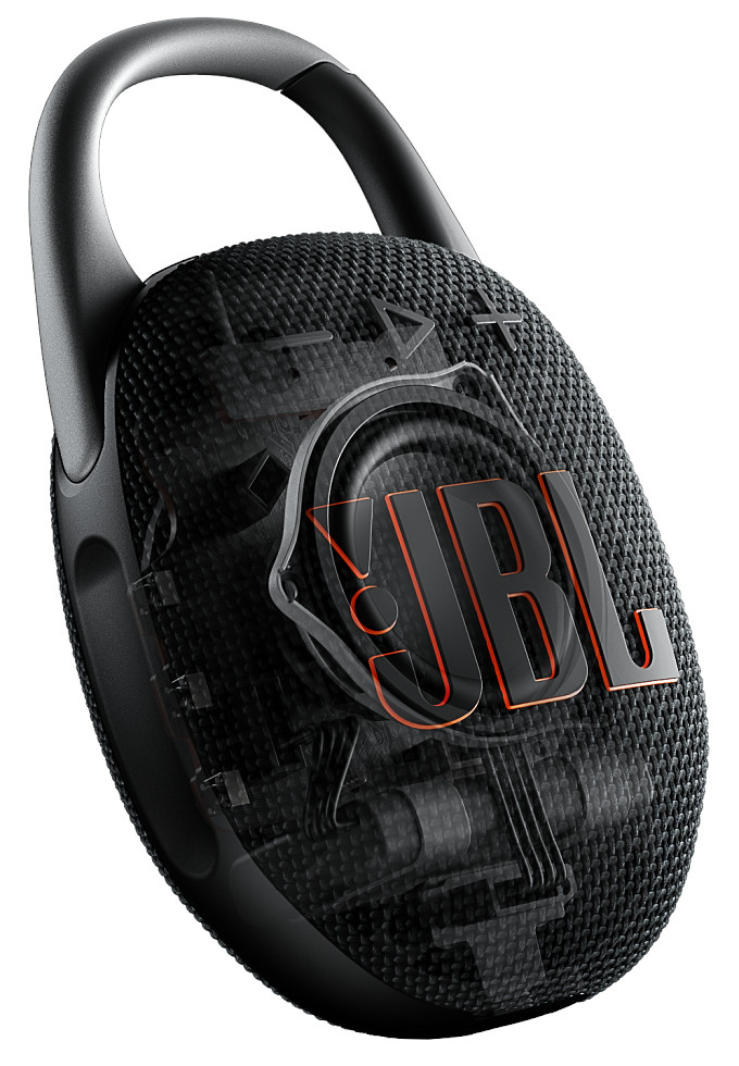 Czarny głośnik JBL Clip z wyraźnym widokiem na elementy wewnętrzne.