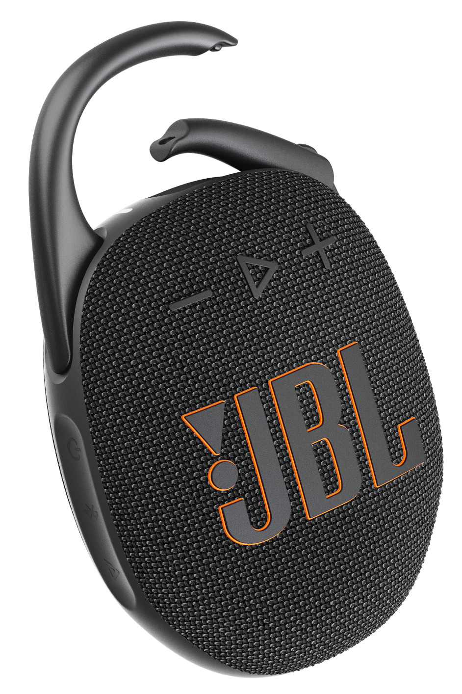 Czarny głośnik JBL Clip z pomarańczowym logo JBL i czarnym klipsem.