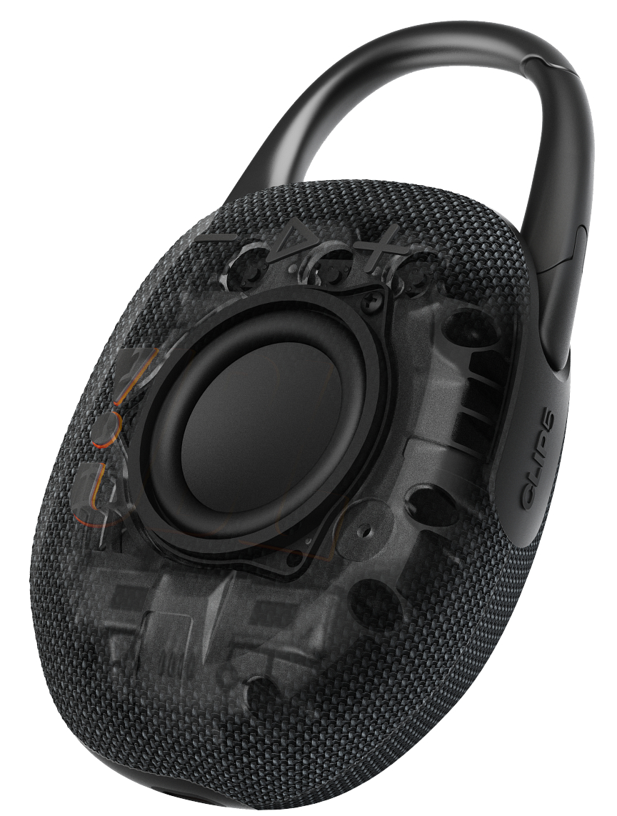 Czarny i szary głośnik z czarną pętlą. Widoczne elementy głośnika.