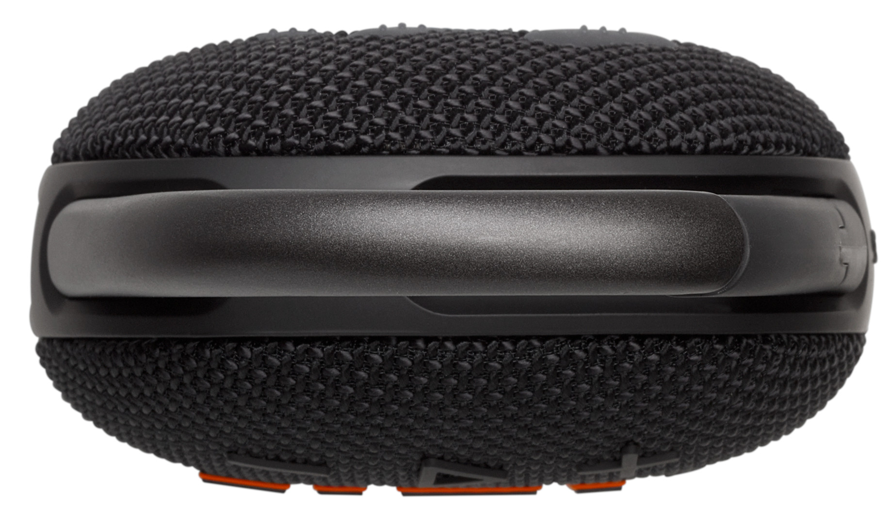 Czarny, okrągły głośnik z uchwytem, ​​wykonany z siatki i gumowatego materiału.