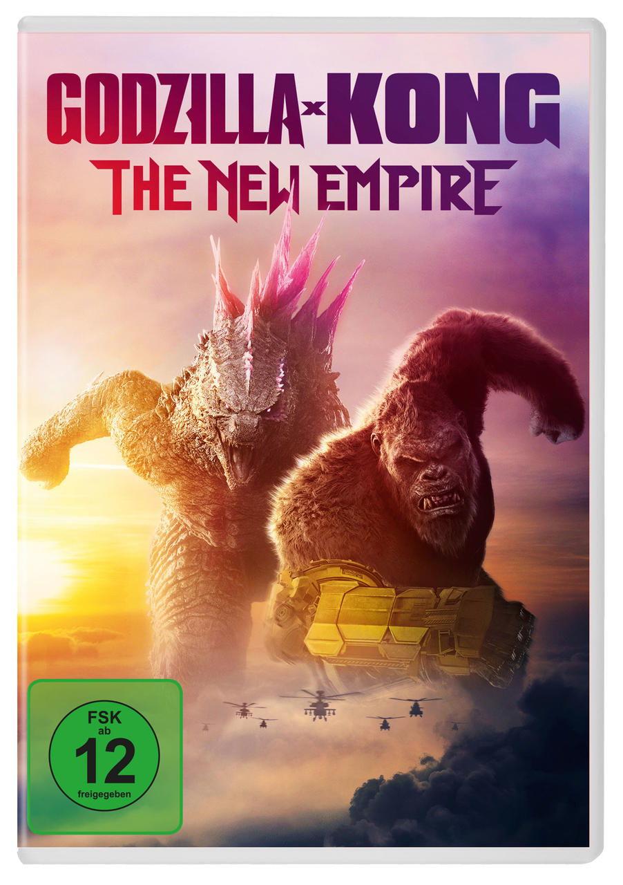 Godzilla x Kong Filmcover. Godzilla und Kong stehen sich gegenüber. Hubschrauber im Hintergrund.
