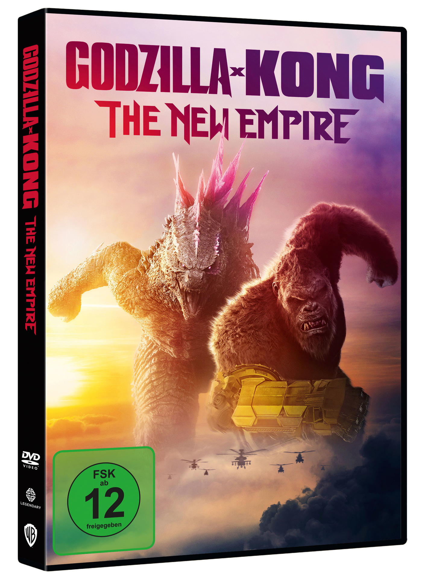 DVD-Hülle für 'Godzilla x Kong: The New Empire'. Zeigt Godzilla und Kong mit Hubschraubern im Hintergrund.