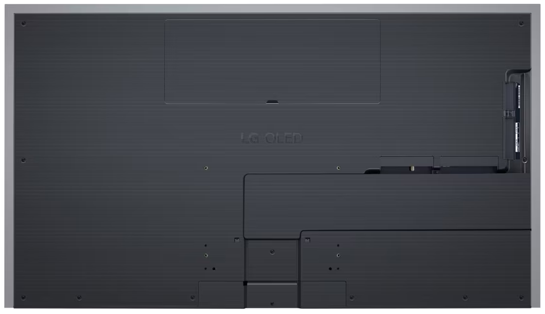 Tył dużego, czarnego telewizora OLED z widocznymi portami i połączeniami.