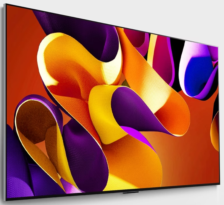Duży ekran telewizora. Sztuka abstrakcyjna z pomarańczowymi, żółtymi i fioletowymi wstążkami. Czarna ramka i pomarańczowe tło.