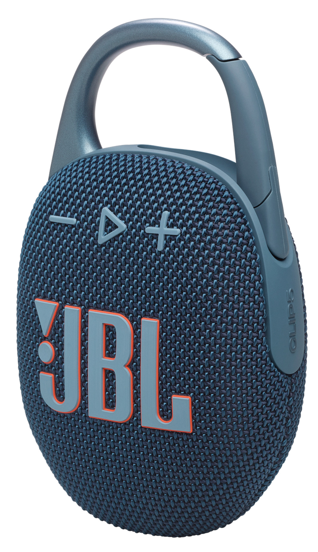 Niebiesko-szary głośnik JBL Clip z uchwytem i pomarańczowym logo JBL.