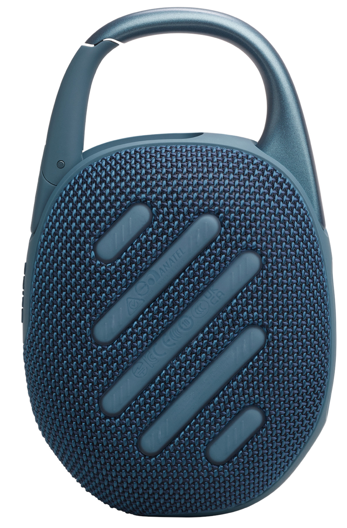 Niebieski głośnik JBL Clip 4 z karabińczykiem na górze, widok z tyłu.