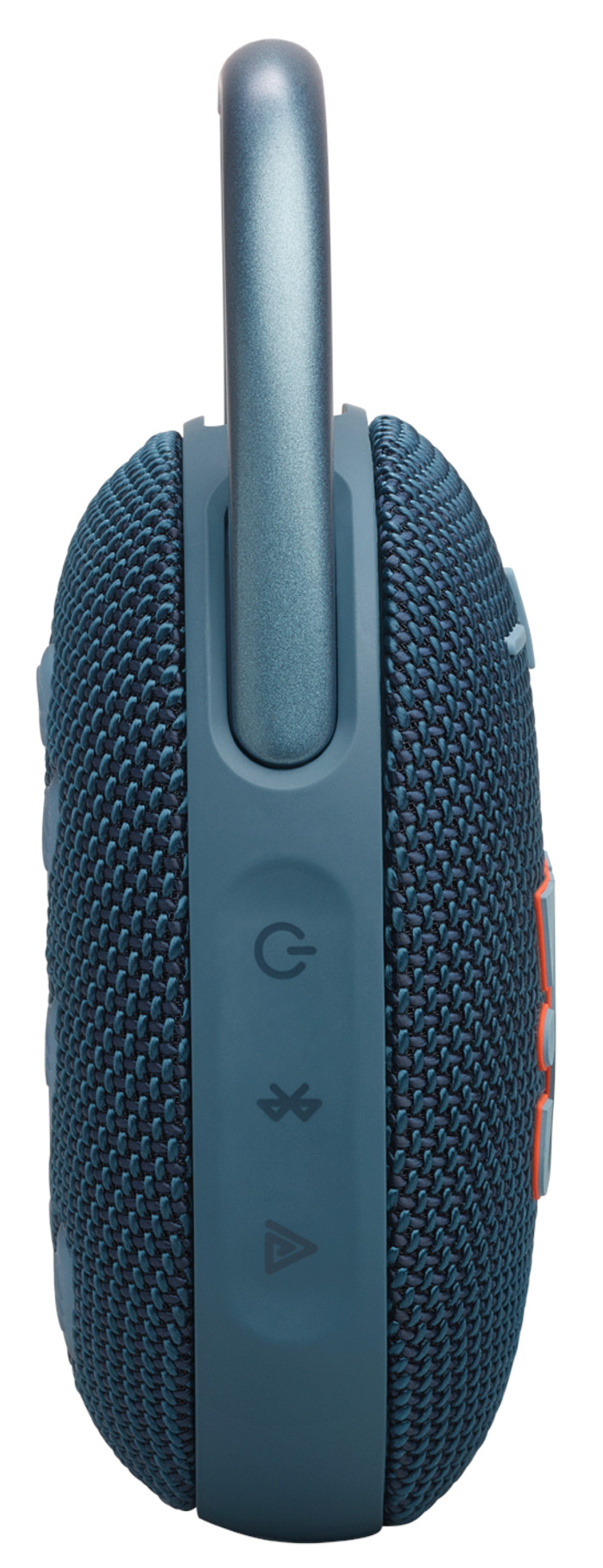 Niebieski głośnik z uchwytem i przyciskami. Jest na czarnym tle.