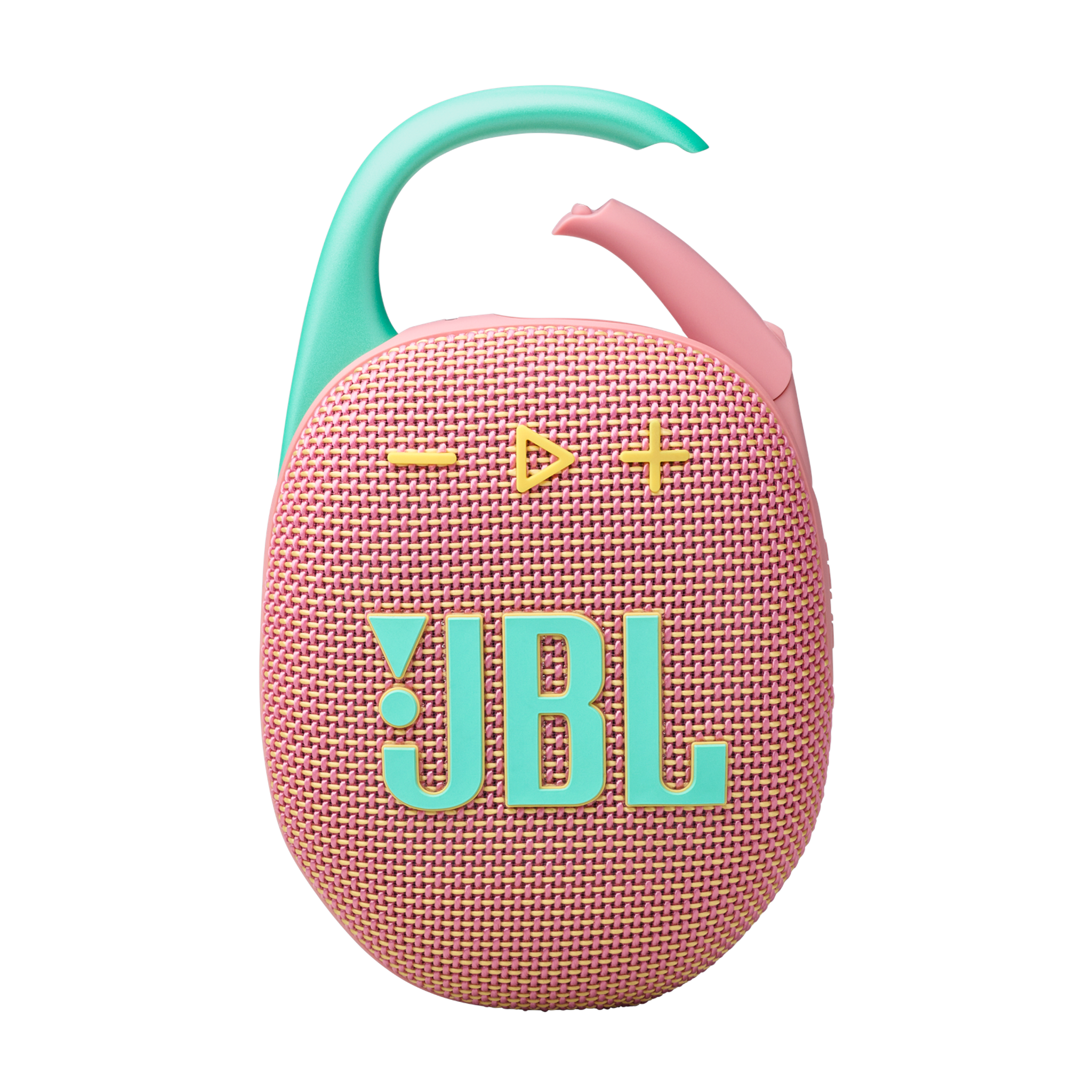 Różowy i turkusowy głośnik JBL z klipsem w kolorze turkusowym.