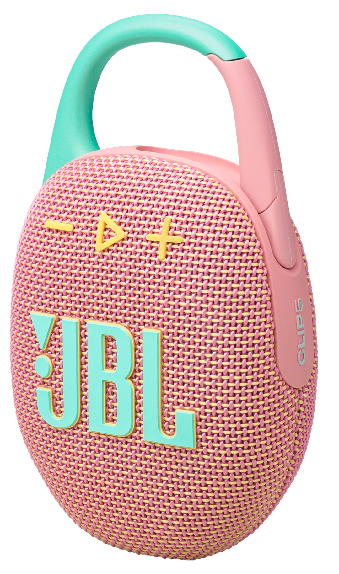 Różowy i turkusowy głośnik JBL Clip 5 z turkusowym uchwytem.