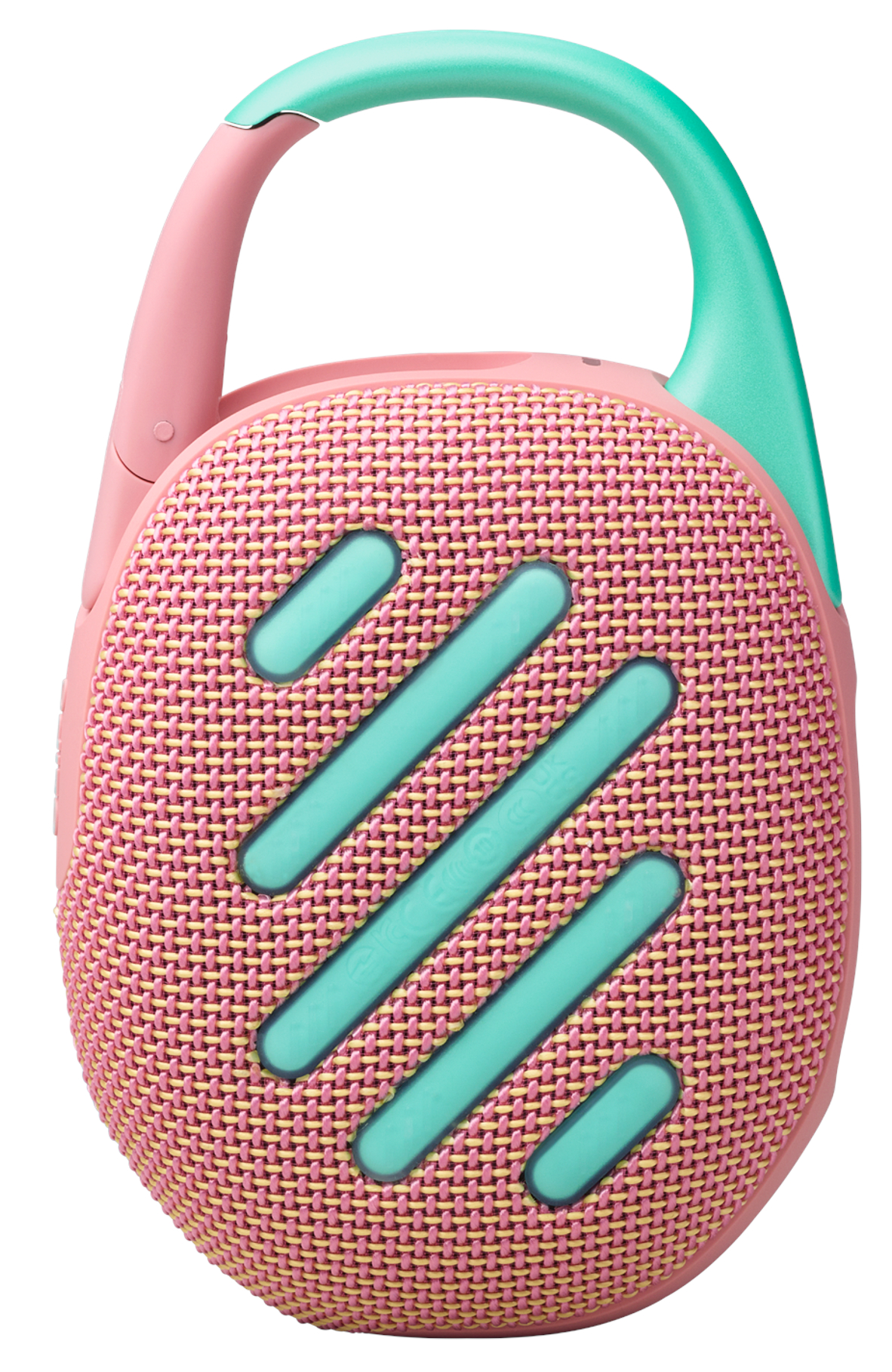 Różowy i turkusowy głośnik z uchwytem i tkanym przodem z siatki.