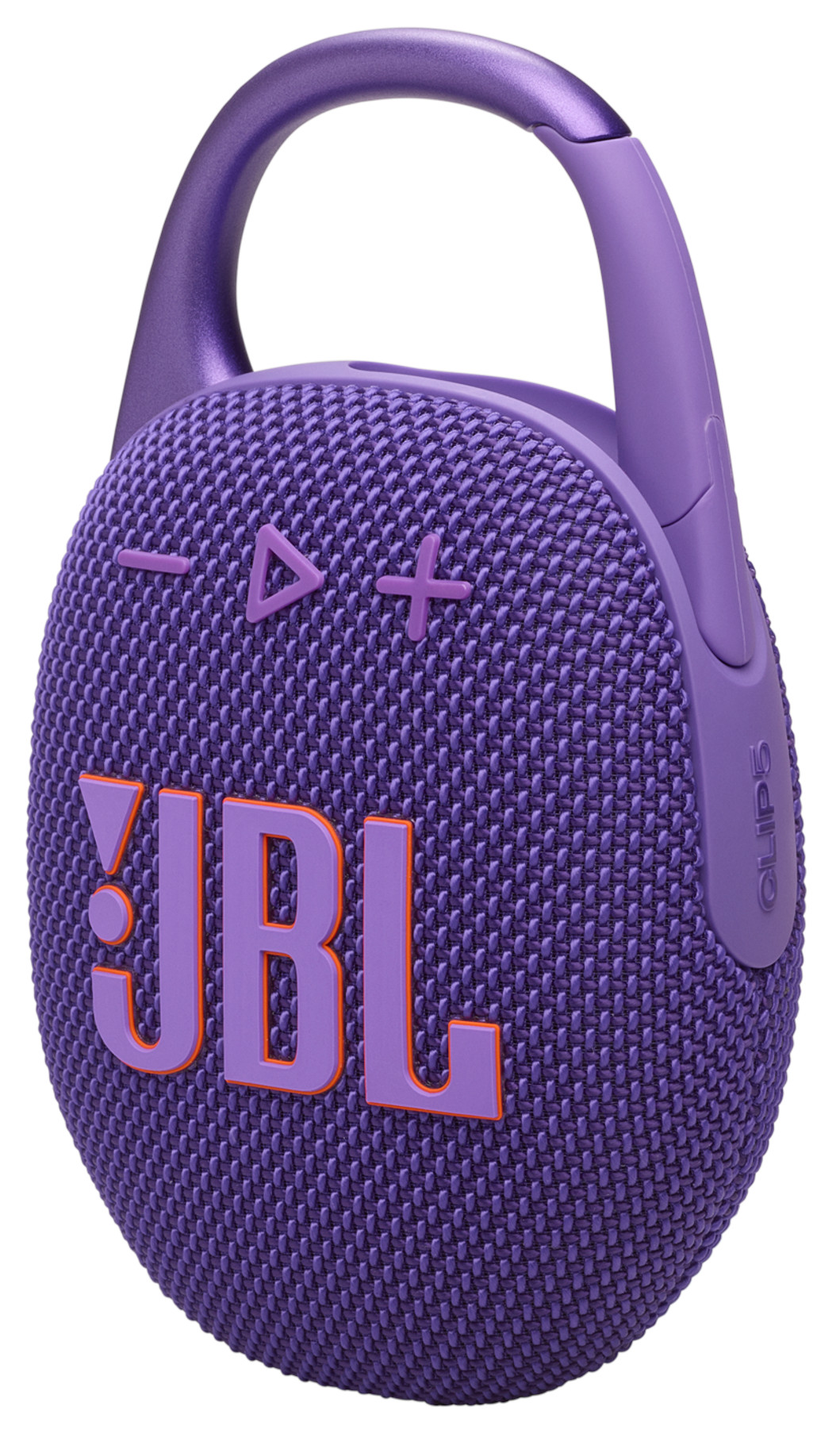 Fioletowy głośnik JBL Clip 5 z karabińczykiem i pomarańczowym logo.