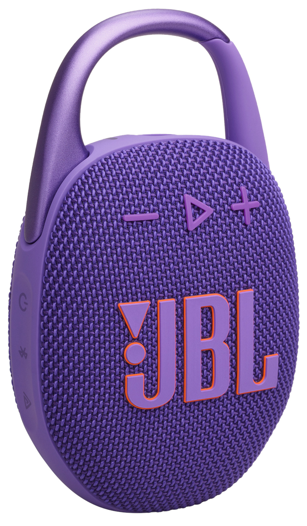 Fioletowy głośnik JBL Clip z klipsem i logo JBL.