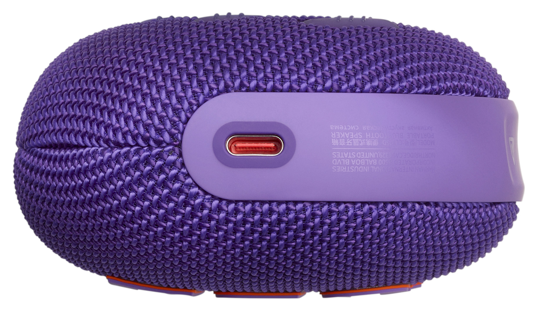 Fioletowy głośnik w kształcie owalu z czerwonym portem USB-C. Ma tkaną teksturę.