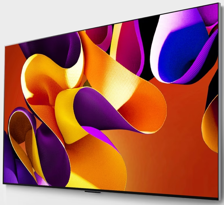 Ekran TV z abstrakcyjnymi, kolorowymi kształtami.