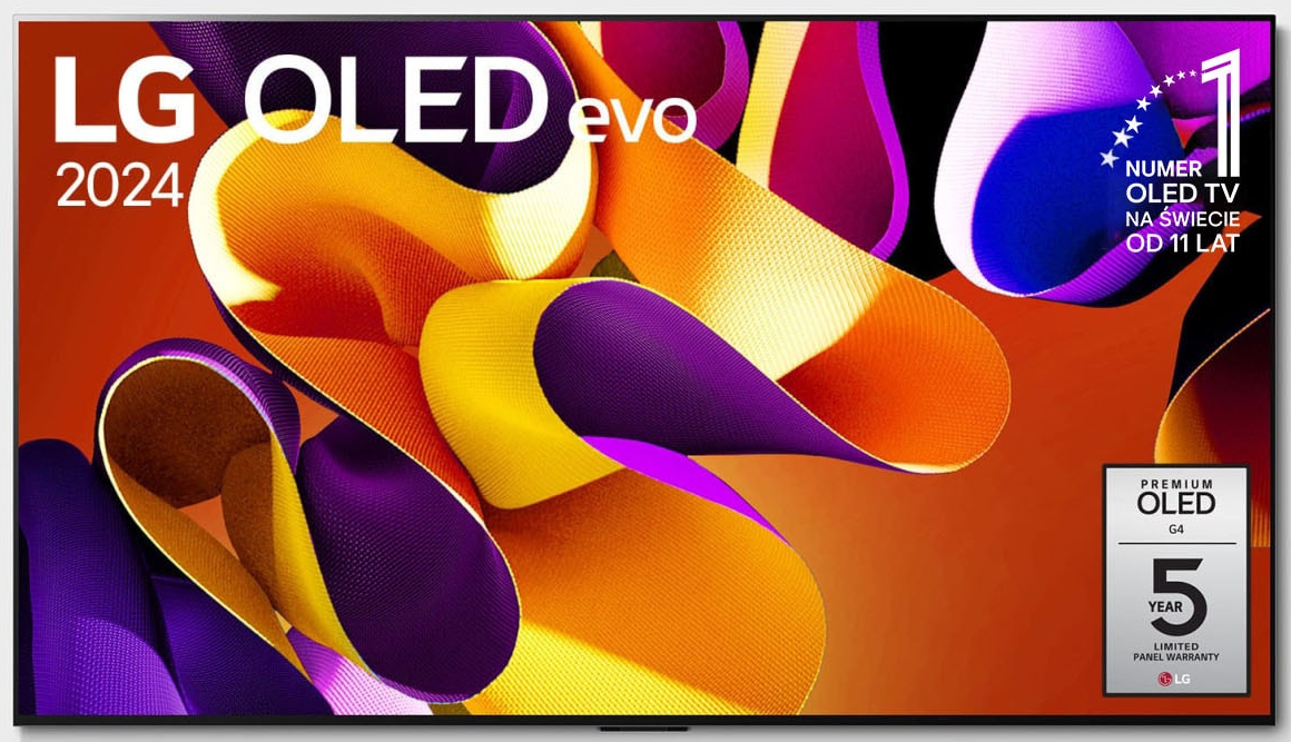Telewizor LG OLED evo. Wyświetla kolorową sztukę abstrakcyjną. Zawiera logo LG i inne szczegóły produktu.