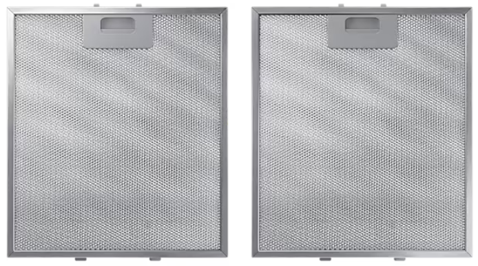 Dwa metalowe filtry powietrza, z wzorem kratki, na białym tle.