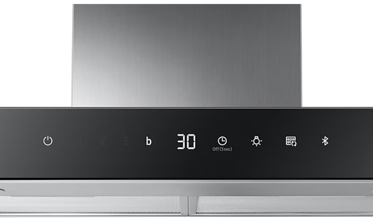 Zbliżenie na wyświetlacz okapu z 30-minutowym timerem.