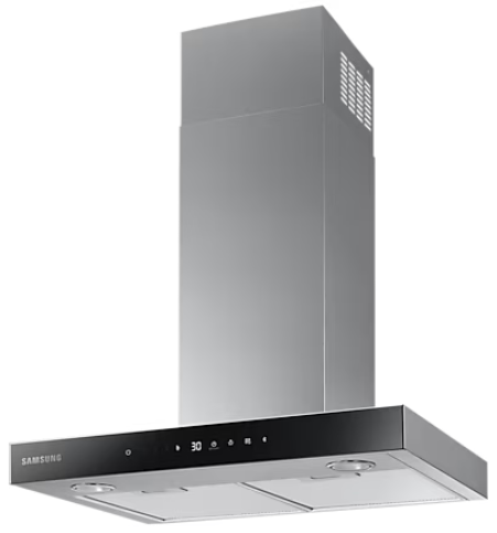 Okap Samsung, stal nierdzewna, z wyświetlaczem cyfrowym i światłami.