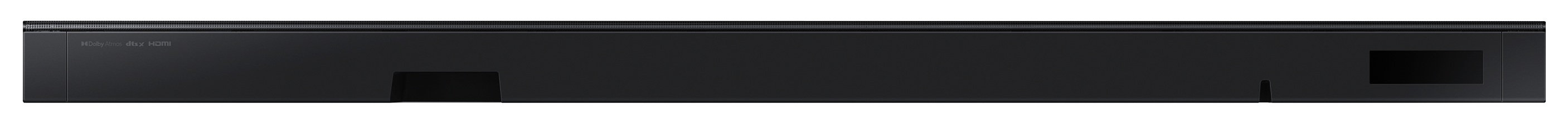 Czarny soundbar, widok z góry, z widocznymi szczegółami marki i modelu.