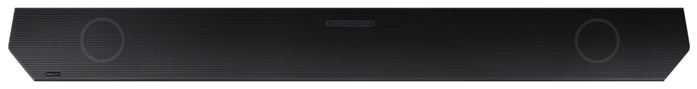 Długi, czarny soundbar. Ma głośniki na obu końcach i mały panel sterowania.