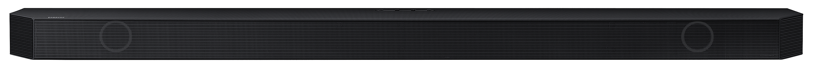Czarny soundbar z głośnikami i zakrzywionym designem.
