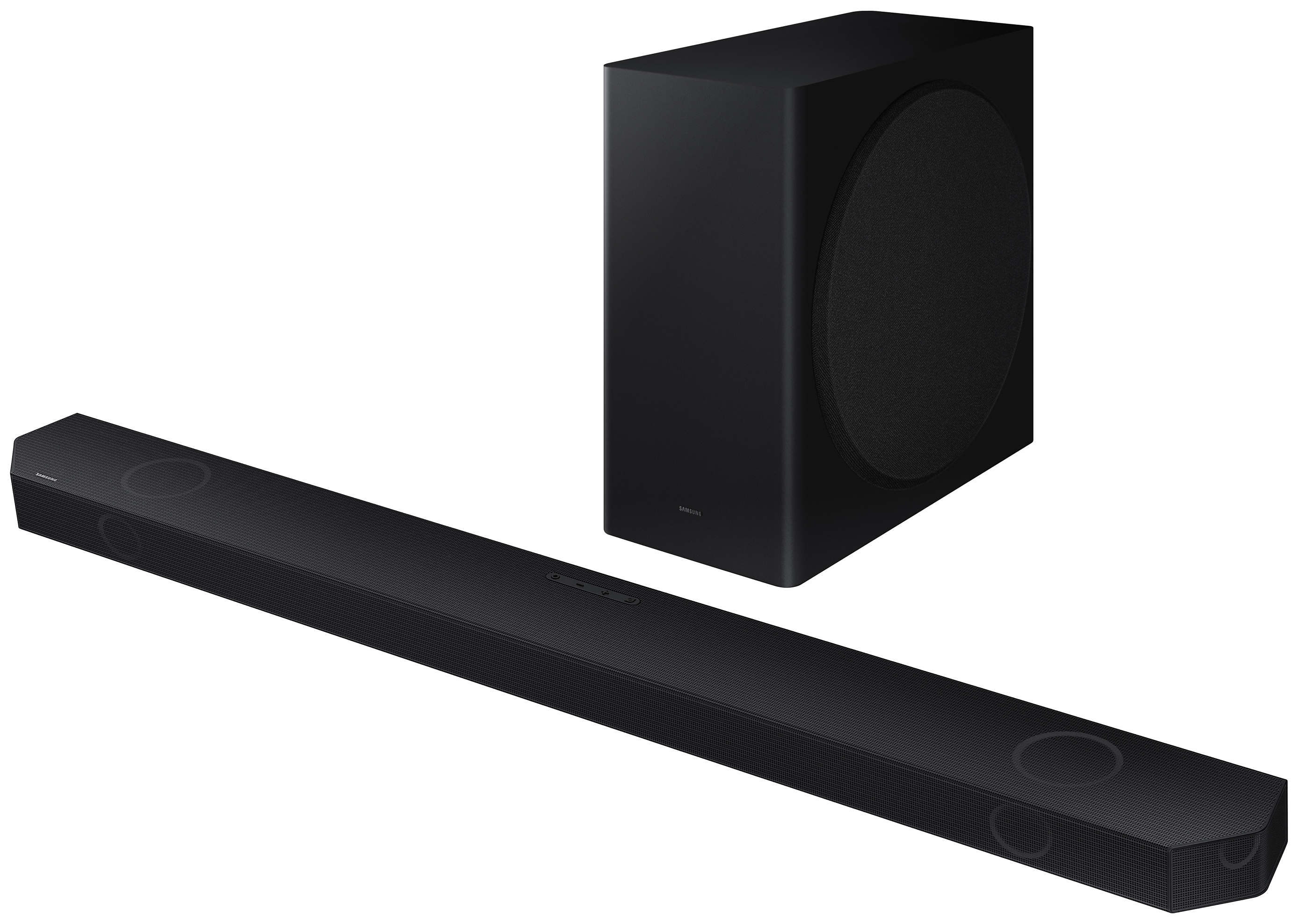 Czarny zestaw soundbar i subwoofer Samsung, na białym tle.