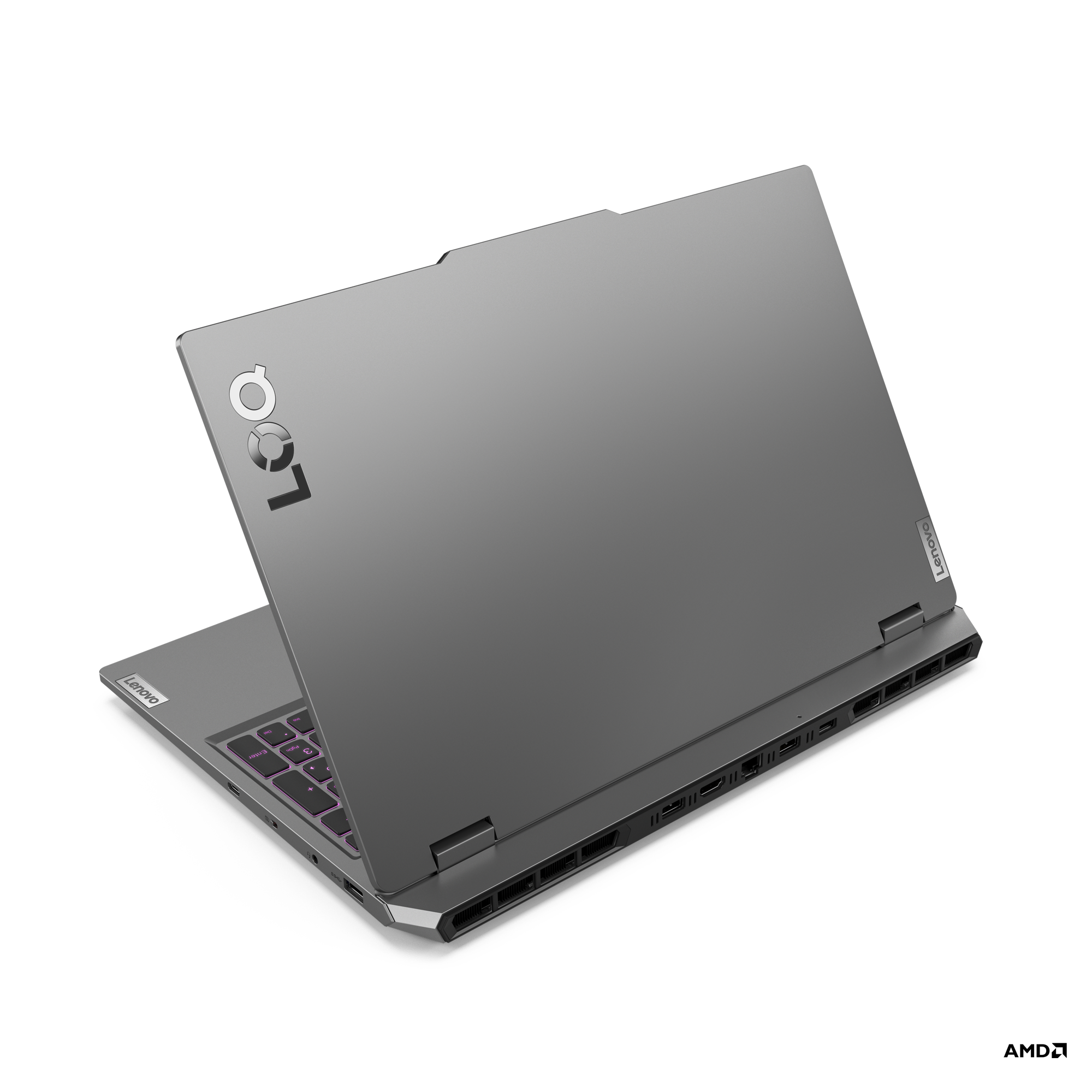 Siyah arka planda Lenovo logolu gri dizüstü bilgisayar.