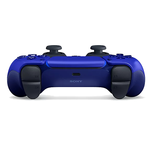 Arkadan görülen mavi bir PlayStation 5 kontrolcüsü. İki joystick ve düğme görünür.