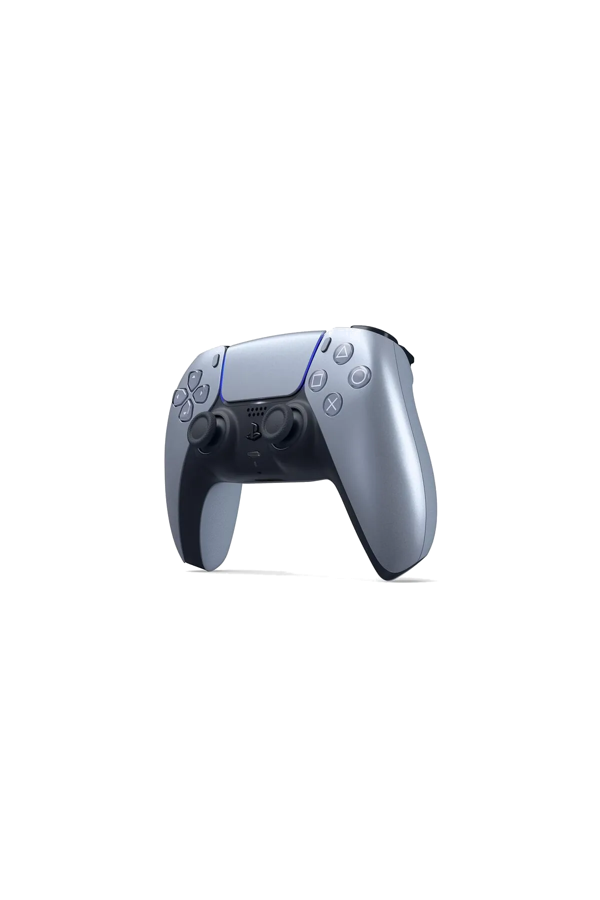 Siyah arka plan üzerinde izole edilmiş, açılı görünümde gümüş ve siyah bir PlayStation 5 kontrolcüsü.