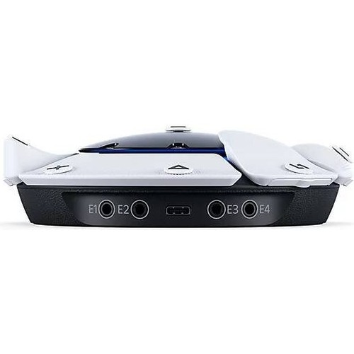 Siyah detaylara ve çeşitli bağlantı noktalarına sahip beyaz Playstation VR2 kulaklık tabanı.