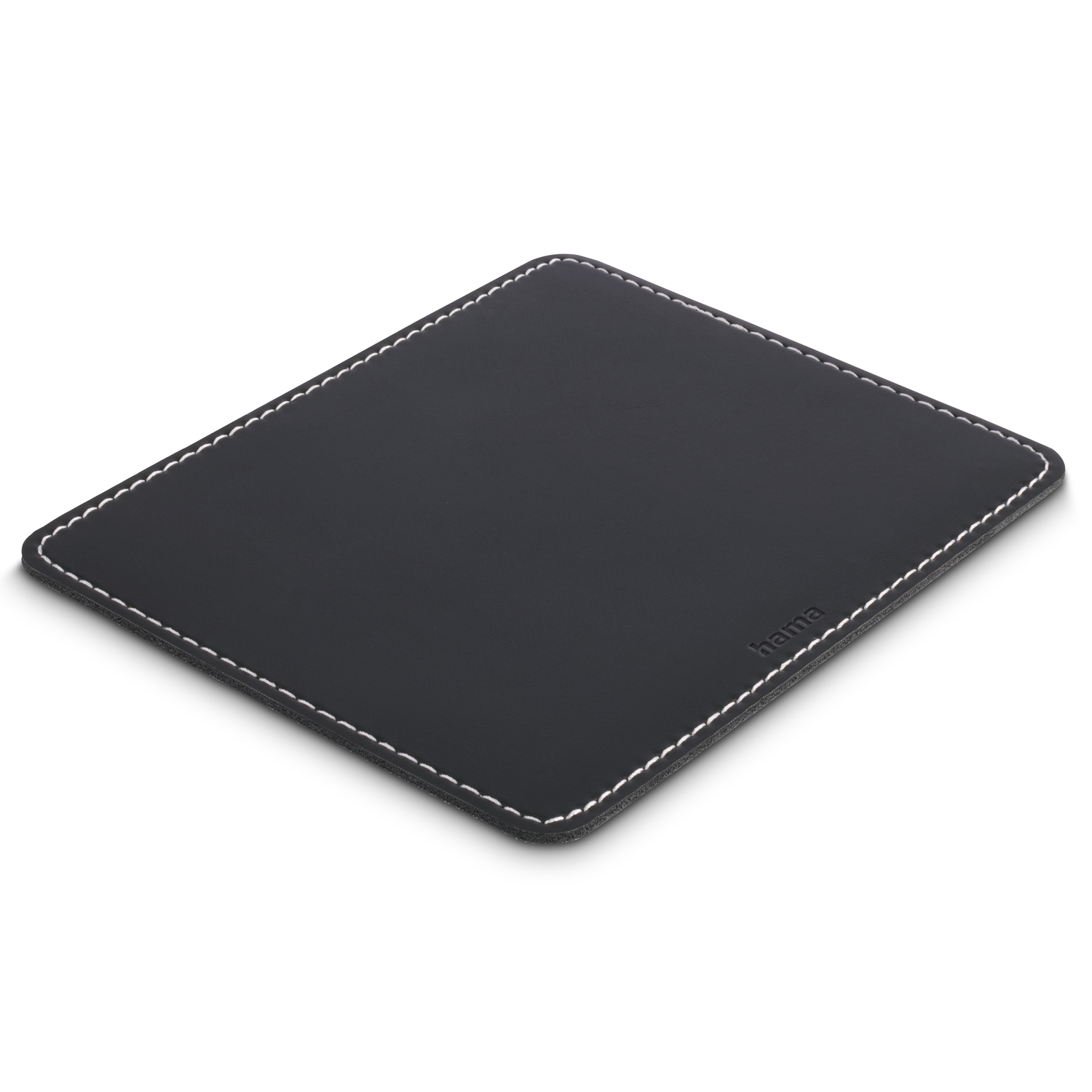 Black mousepad with white stitching around the edges, on a white surface.