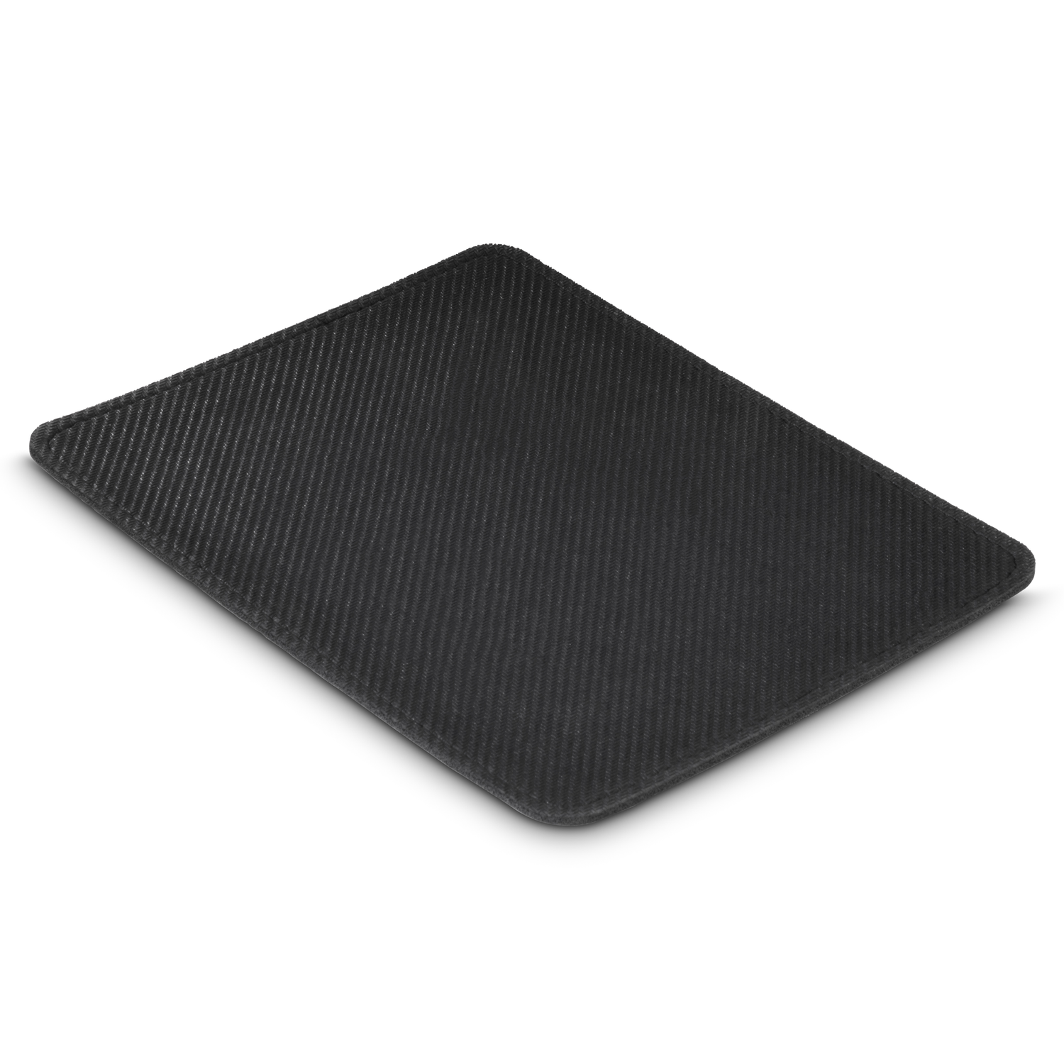 A black, rectangular, textured mousepad on a white background.