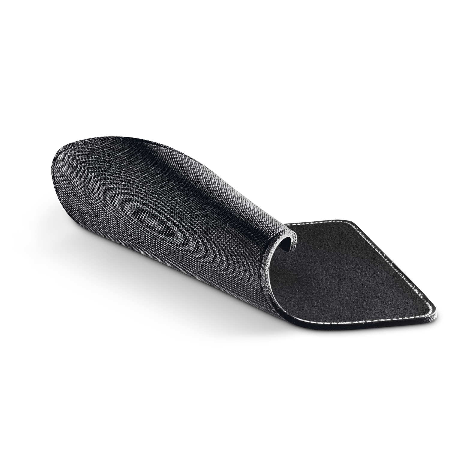 A black mousepad rolled open, showing the inner and outer sides.