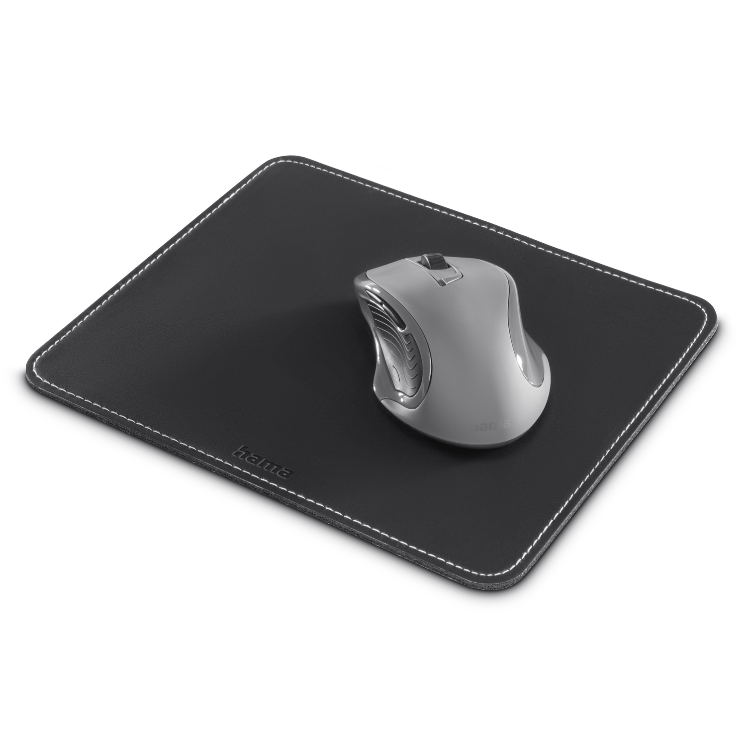 Black mouse on a black mousepad with white stitching. The word "hama" is visible.