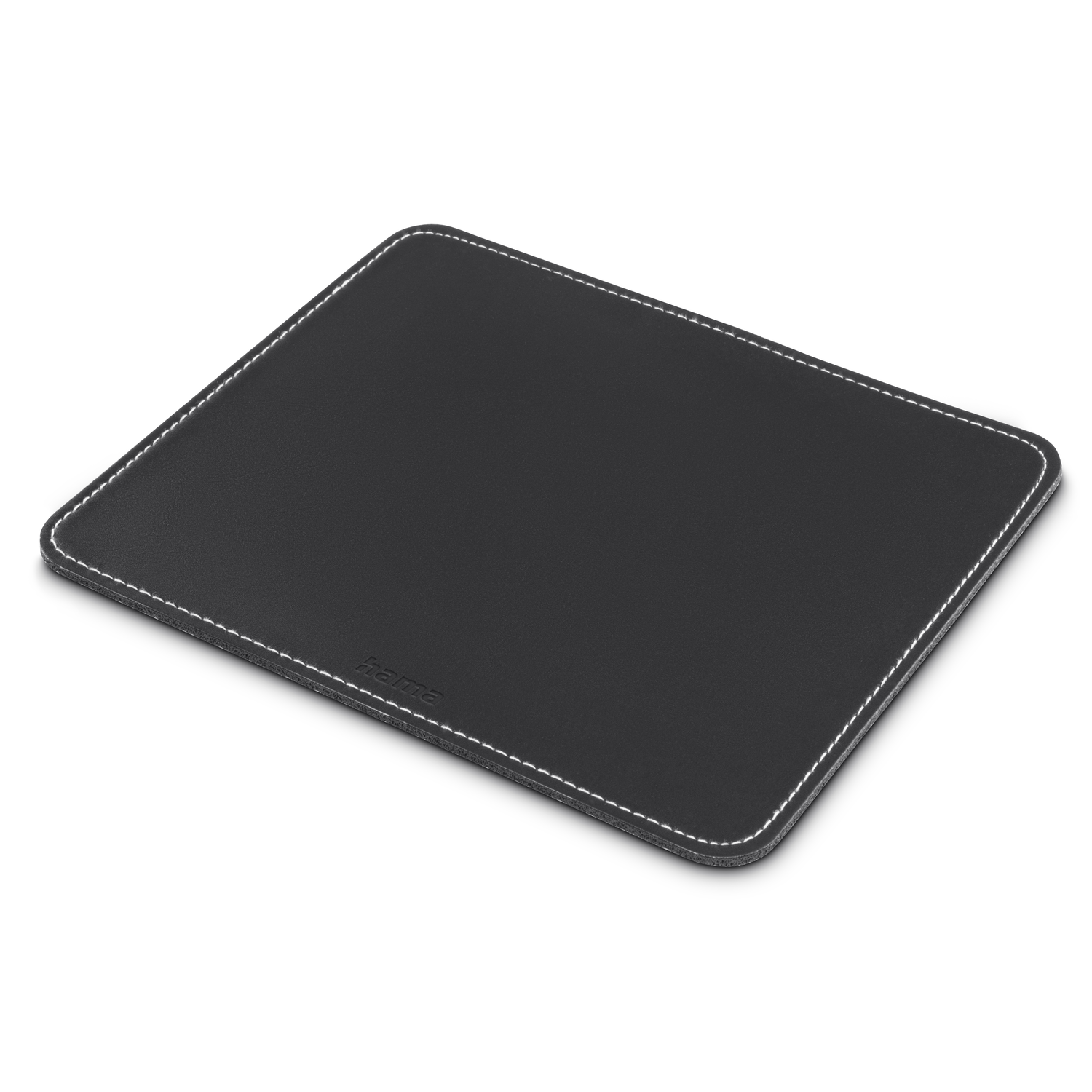 Black mousepad with white stitching around the edge. The brand name is visible.